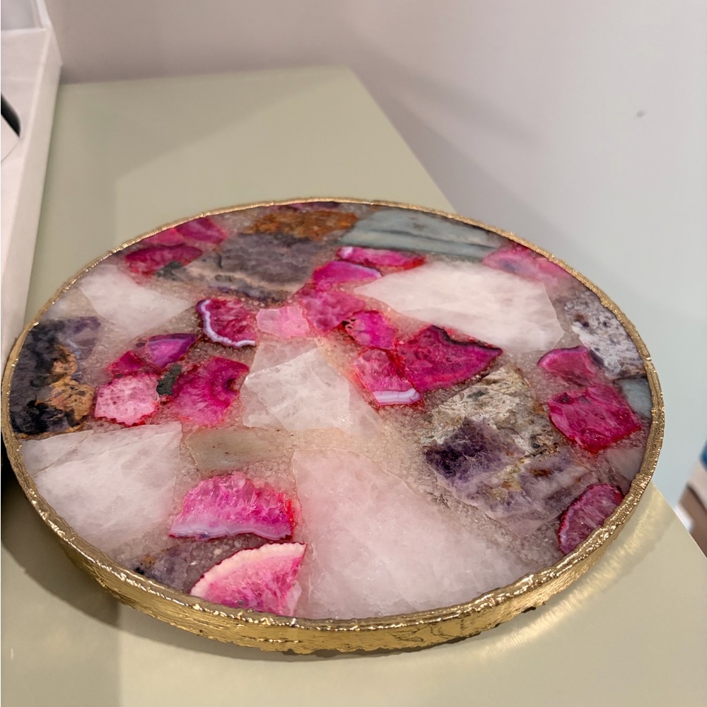 Anthropologie Pink Agate Resin Round Decorative Tray with Gold Edge